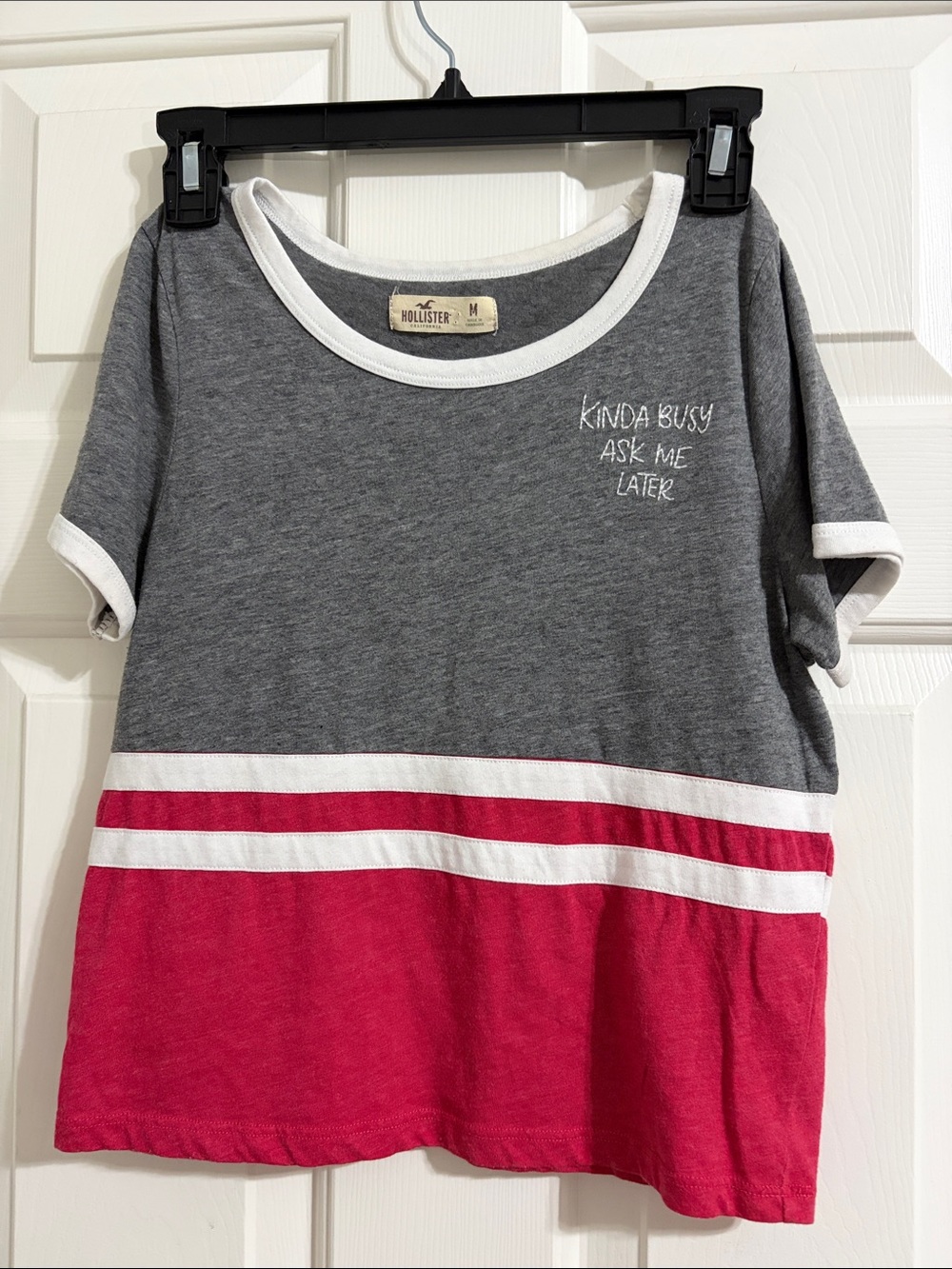 Hollister Girls' Gray, White & Pink Short Sleeve Ringer Tee